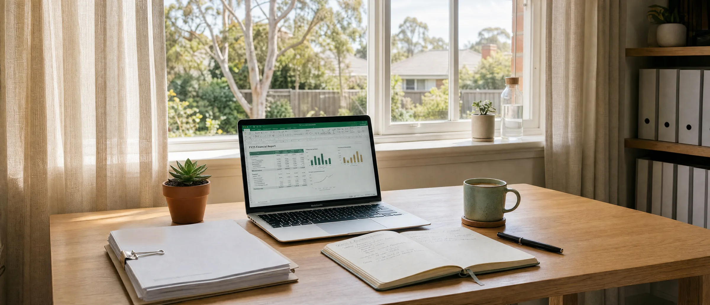 A calm, sunlit accounting workspace — laptop with spreadsheets, tidy client files, a notebook and coffee by a bright window